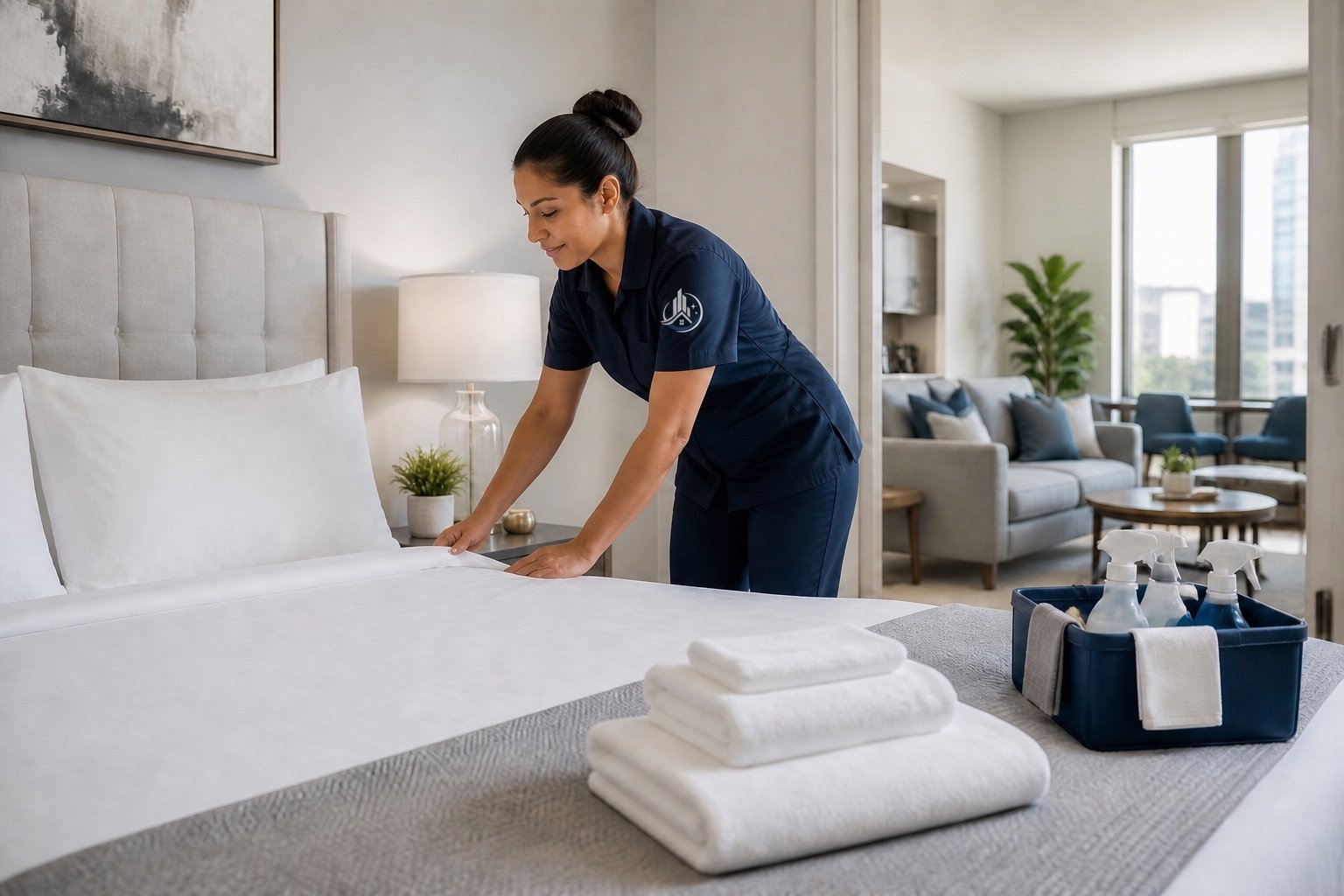 Empire cleaner making a short-term rental bed with fresh linens