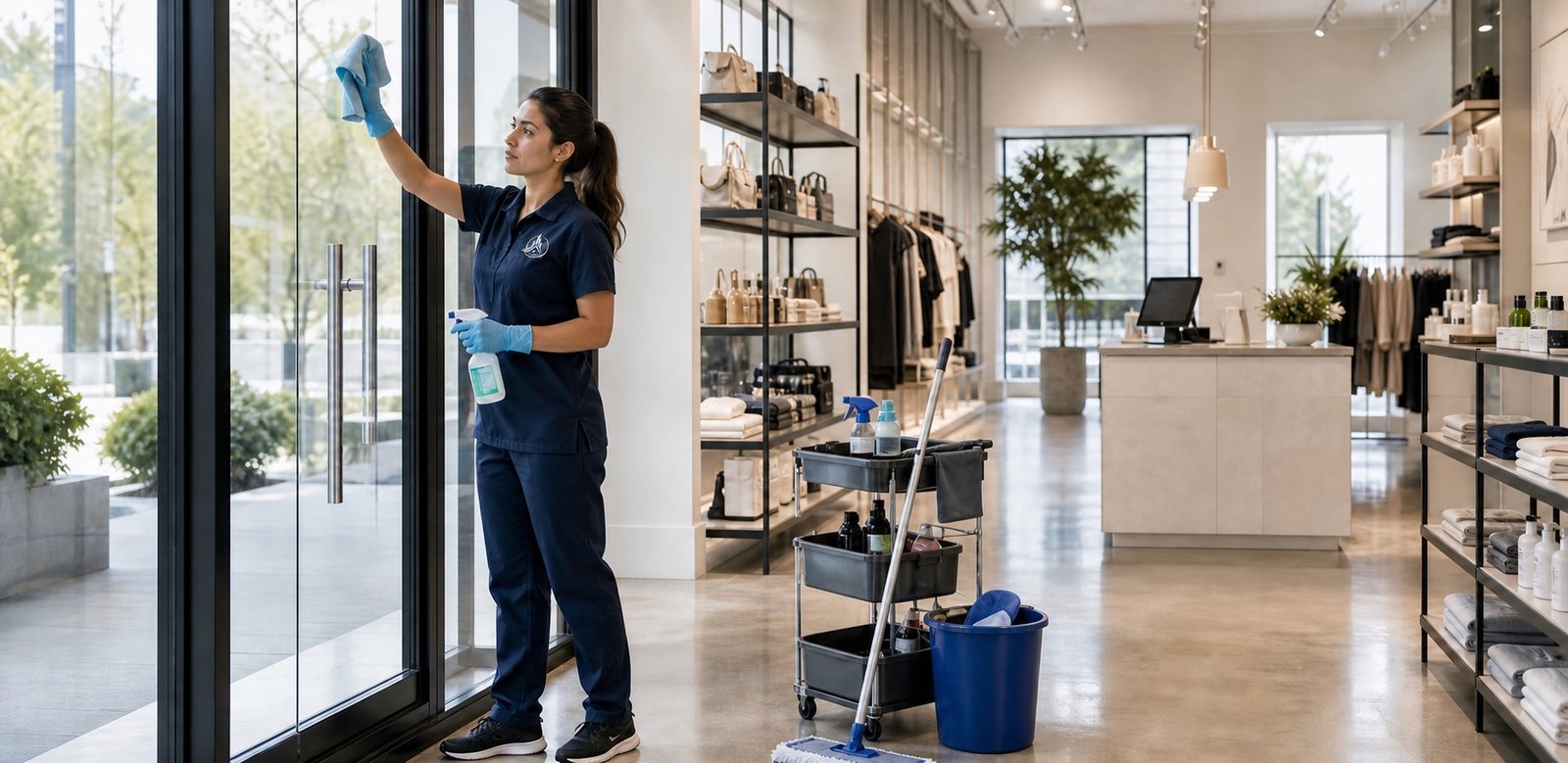 Empire professional cleaner caring for a modern retail storefront